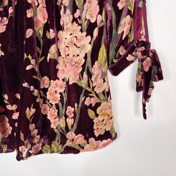 Francescas S Burgundy Red Floral Velvet Off The Shoulder Blouse Top Split Back - Picture 4 of 11